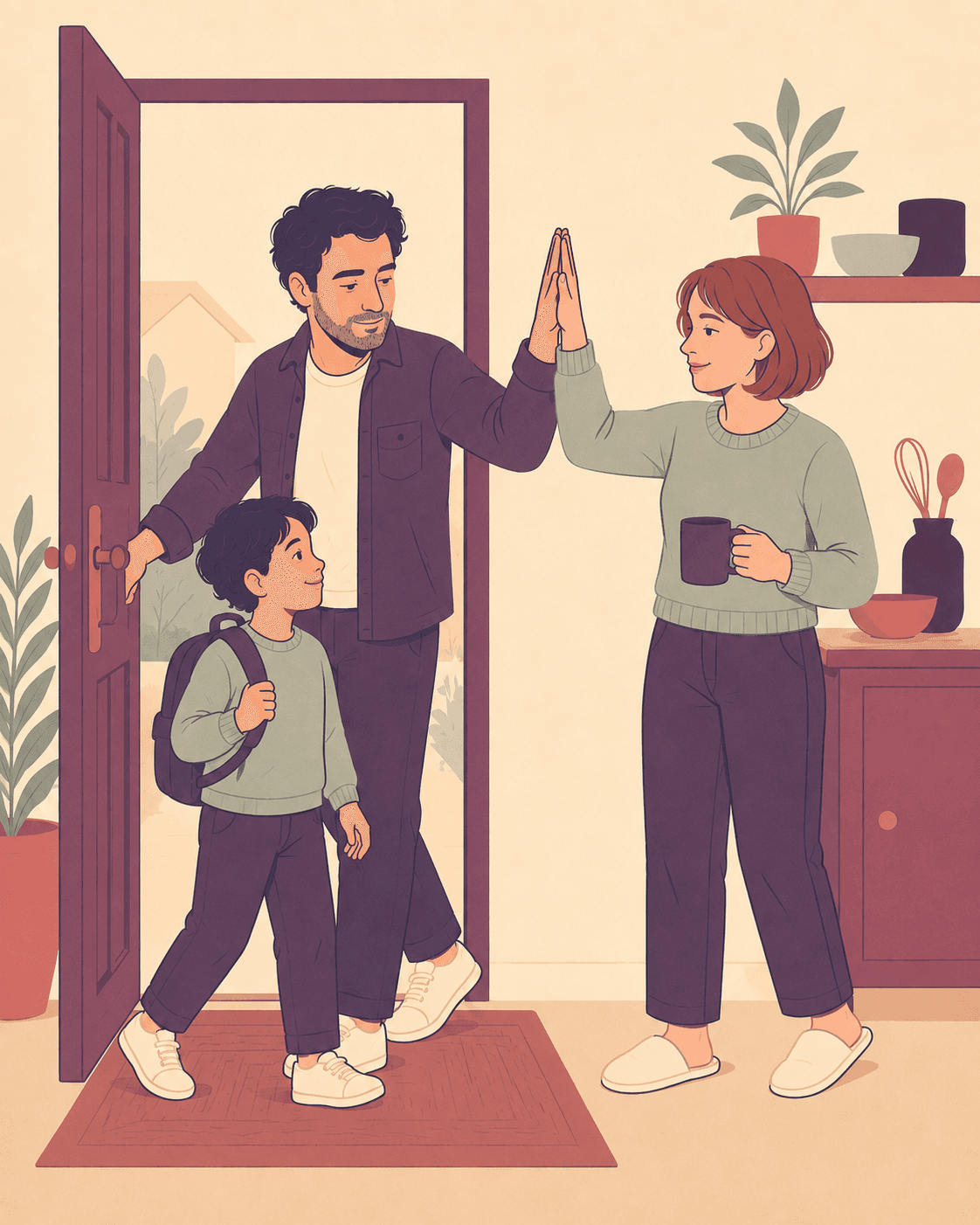 An illustration of a father and child leaving through a front door while a mother waves goodbye from the kitchen, representing co-parenting after divorce