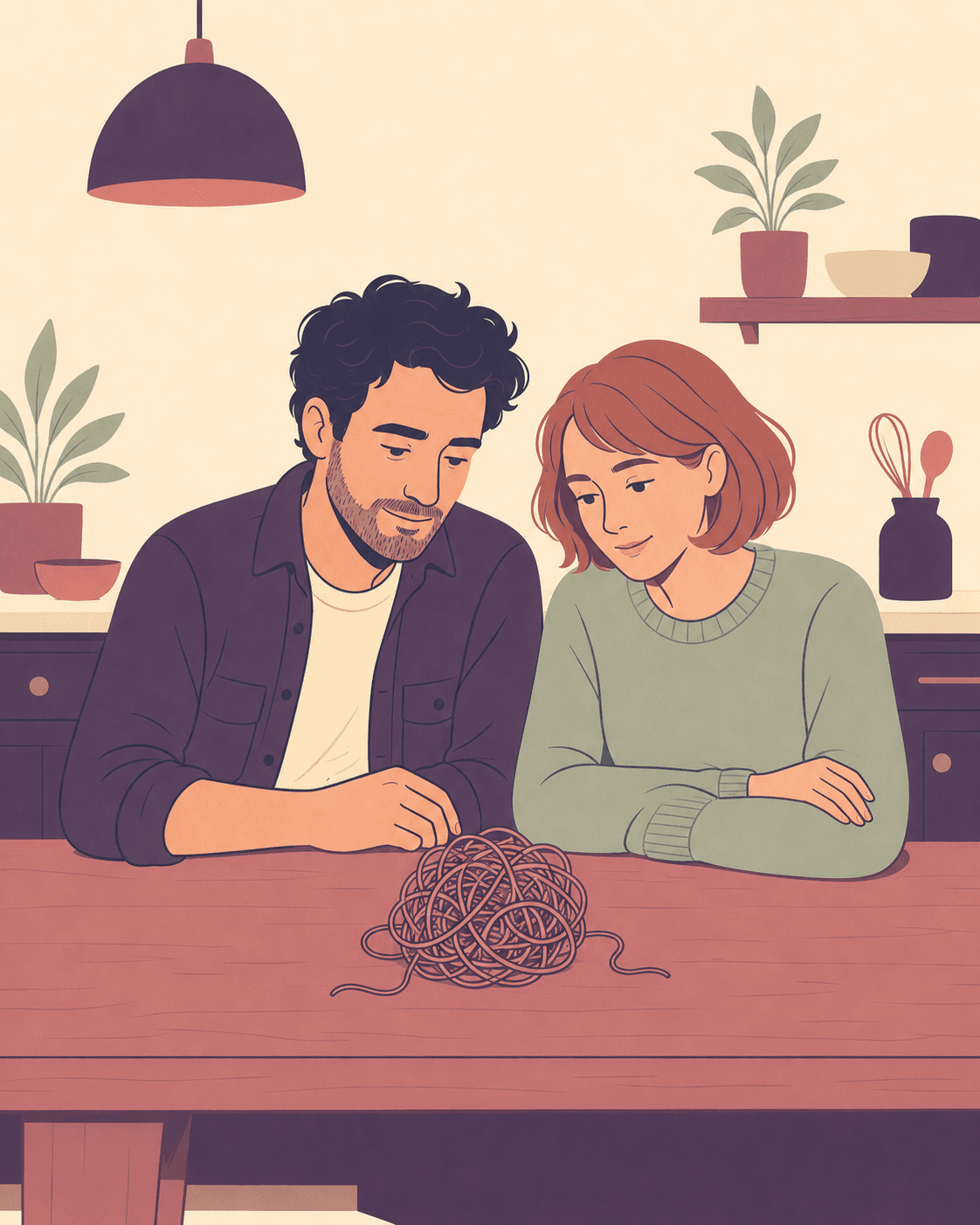 An illustration of a couple sitting side by side at a kitchen table, studying a tangled ball of yarn together