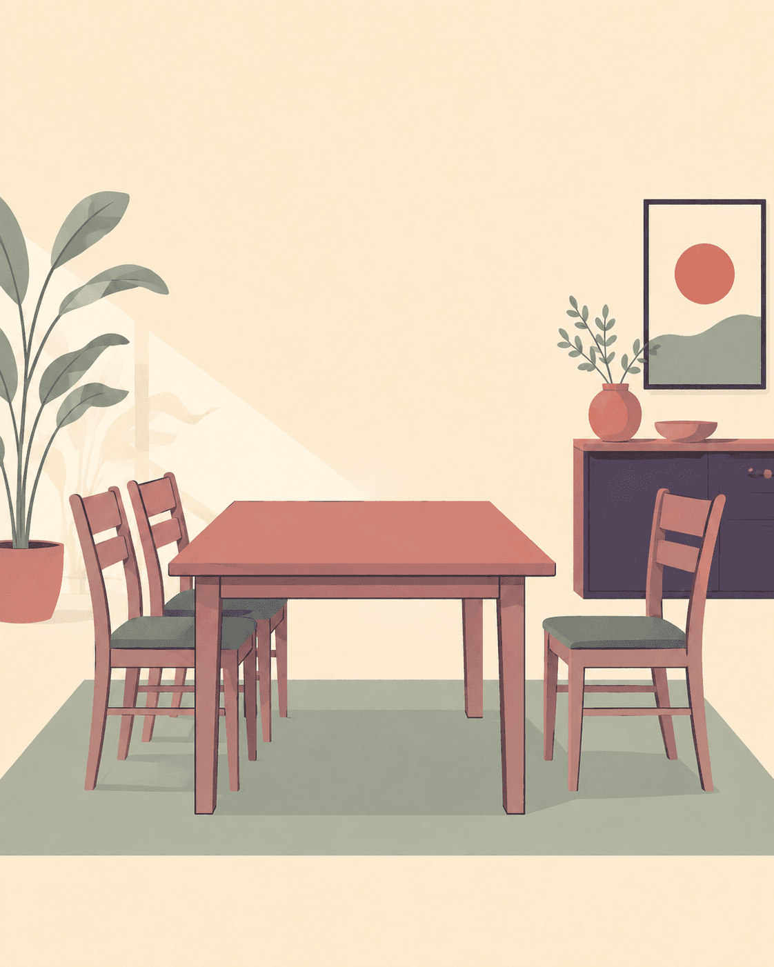 An illustration of a dining table set with chairs, representing the table couples sit at during mediation