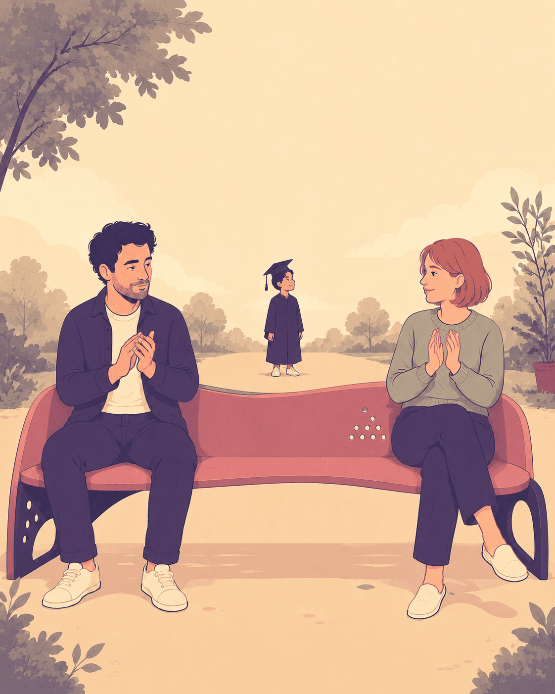 An illustration of two parents applauding from either end of a park bench while their child stands before them in a graduation cap and gown