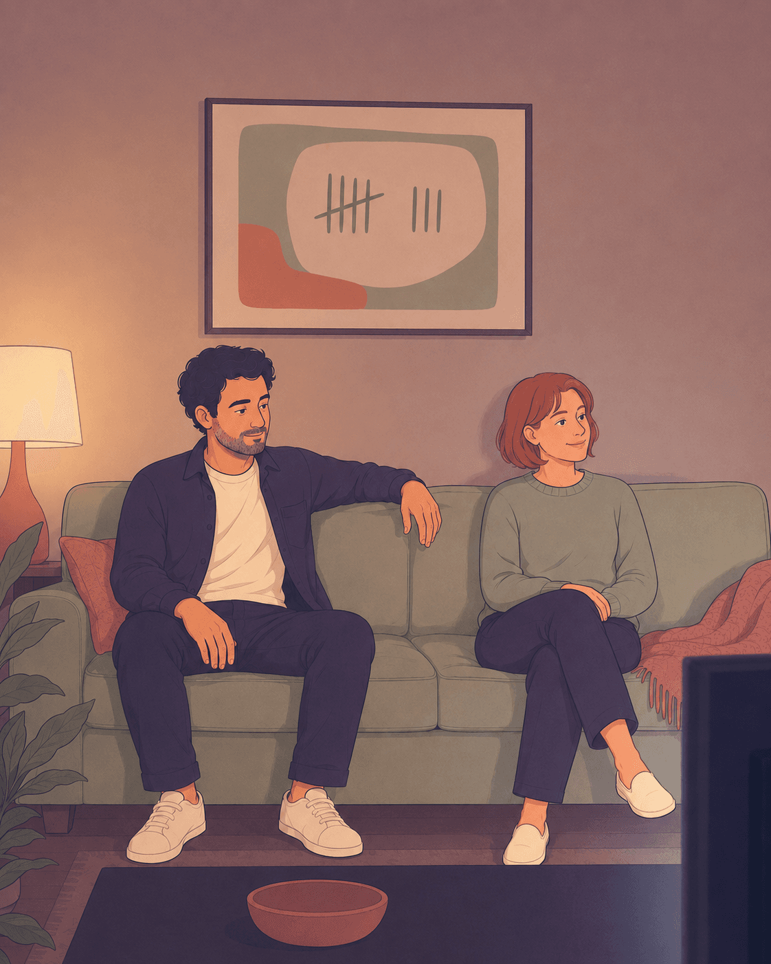 An illustration of a couple sitting at opposite ends of a living-room couch in lamplight, a framed painting of eight tally marks on the wall behind them